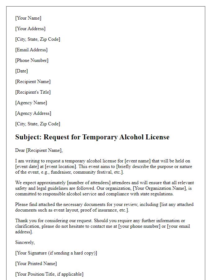 Letter template of request for temporary alcohol license