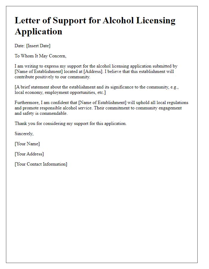 Letter template of support for alcohol licensing application