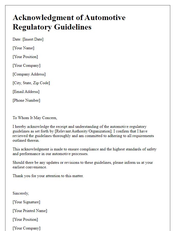 Letter template of acknowledgment of automotive regulatory guidelines