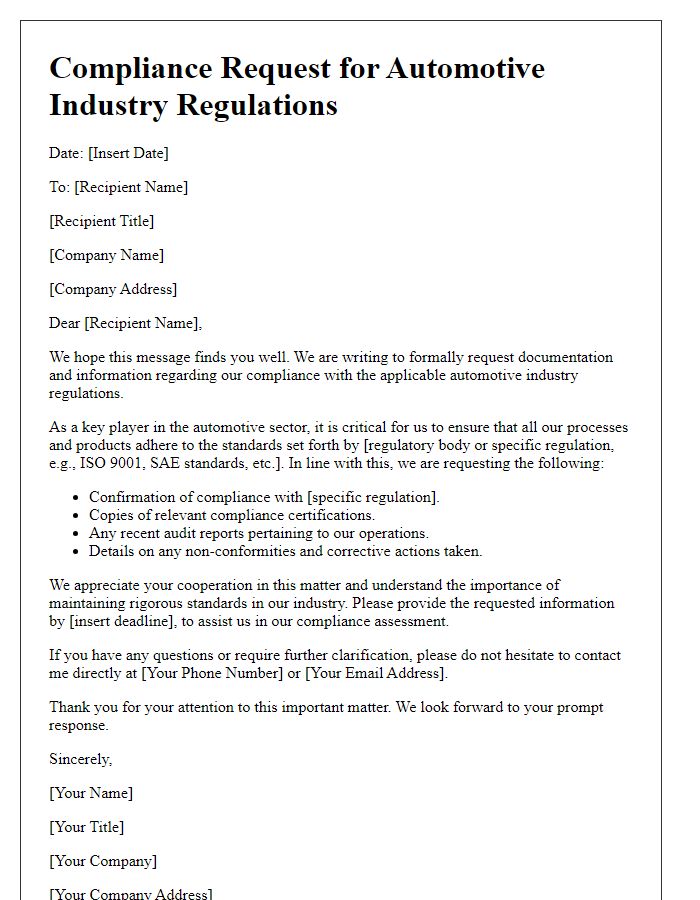 Letter template of compliance request for automotive industry regulations