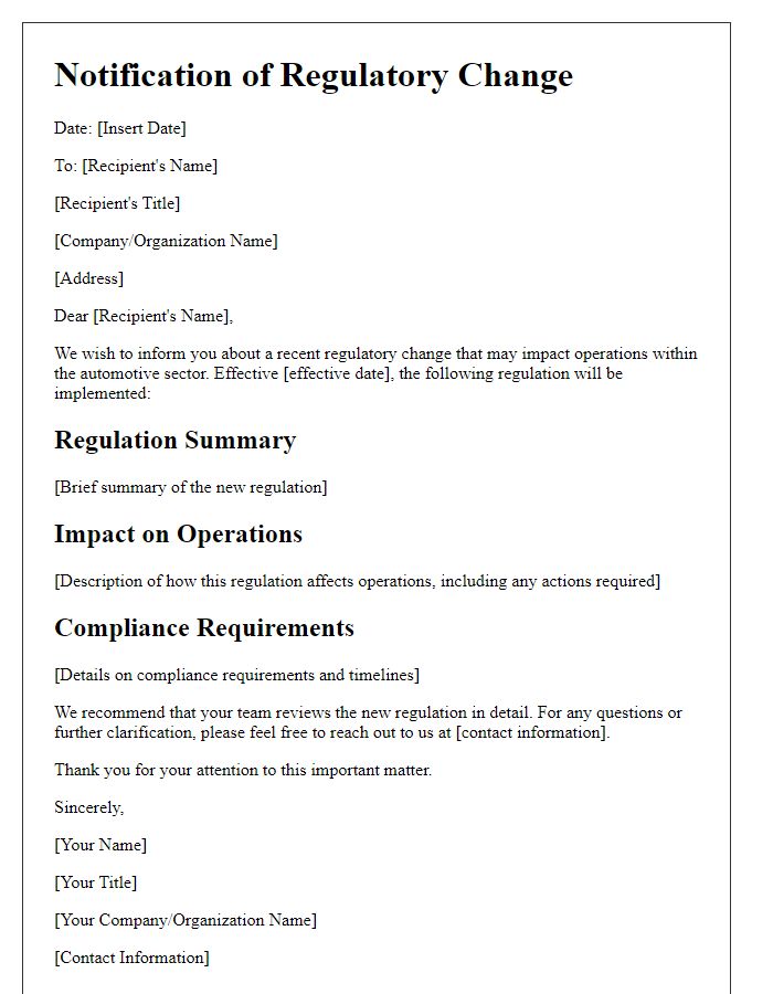 Letter template of regulatory change notification in the automotive sector