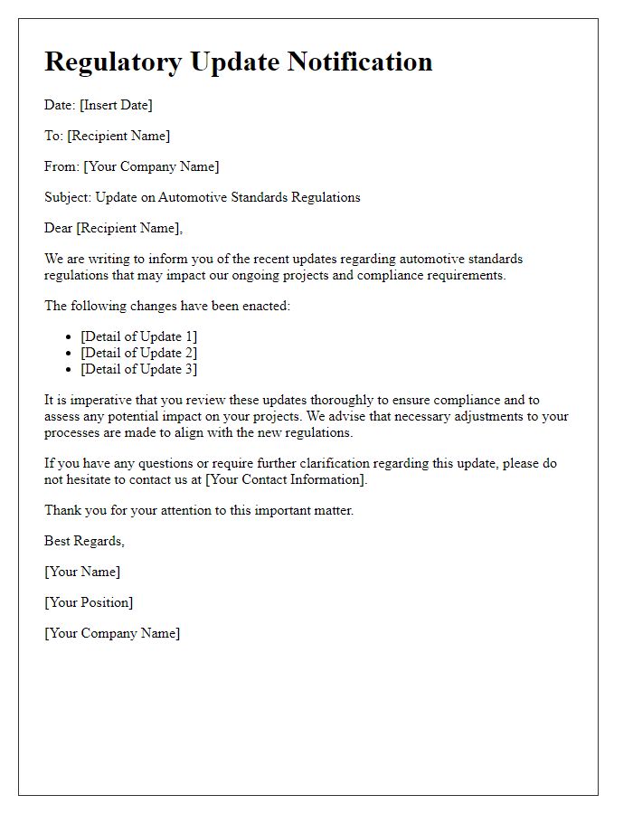 Letter template of regulatory update notification for automotive standards