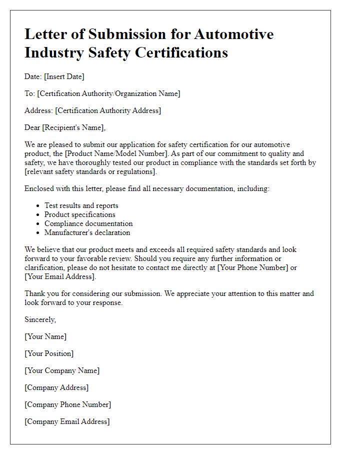 Letter template of submission for automotive industry safety certifications