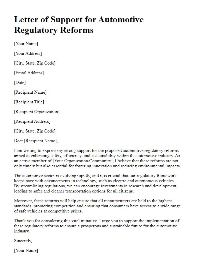 Letter template of support for automotive regulatory reforms