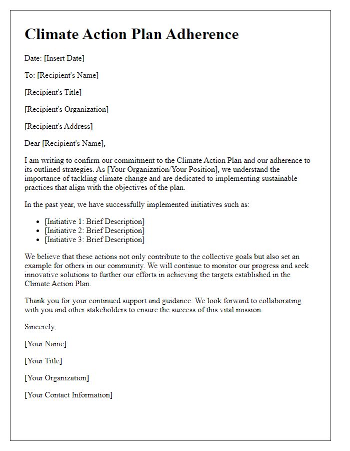 Letter template of climate action plan adherence