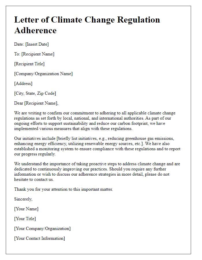 Letter template of climate change regulation adherence