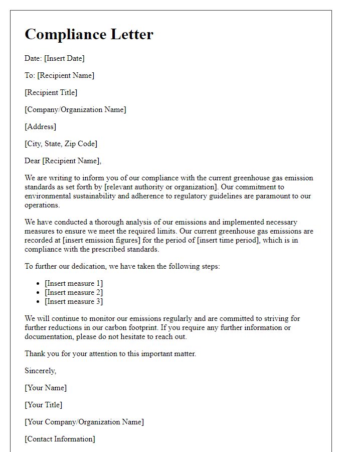 Letter template of greenhouse gas emission standards compliance