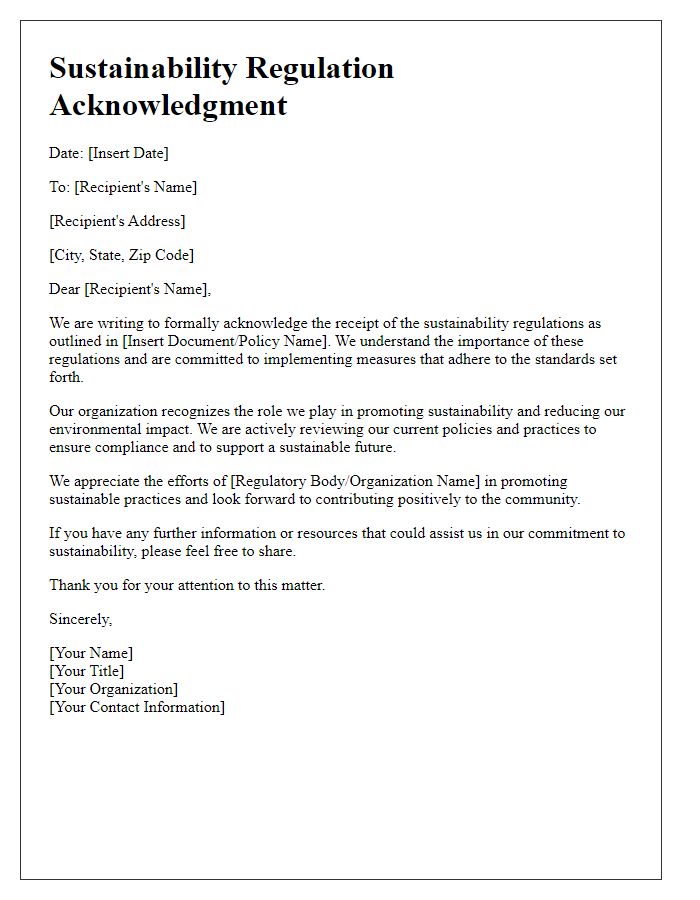 Letter template of sustainability regulation acknowledgment