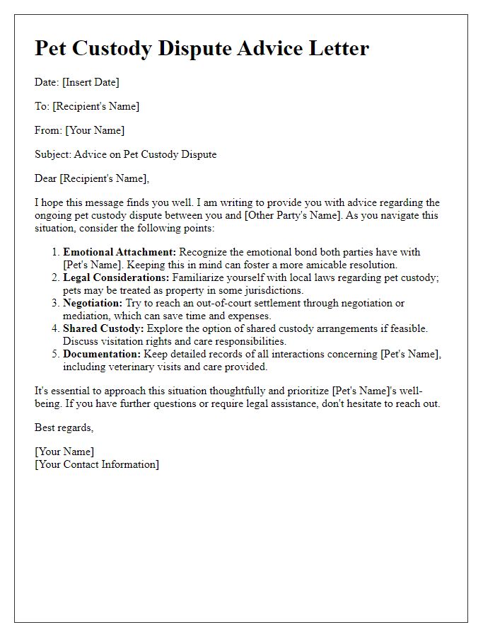 Letter template of advice on pet custody disputes