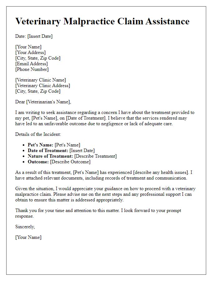 Letter template of assistance with veterinary malpractice claims