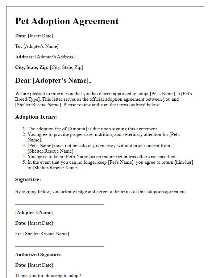 Letter template of counsel for pet adoption agreements