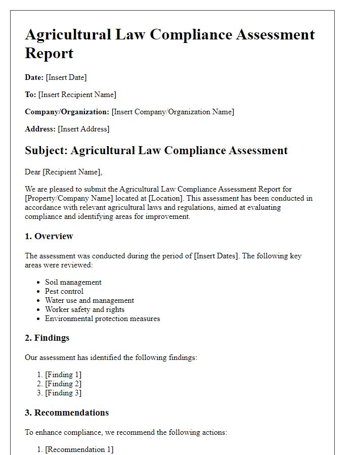 Letter template of agricultural law compliance assessment report