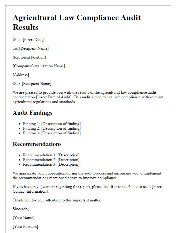 Letter template of agricultural law compliance audit results