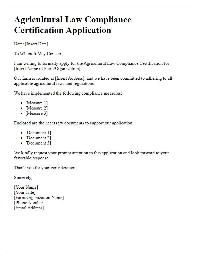 Letter template of agricultural law compliance certification application