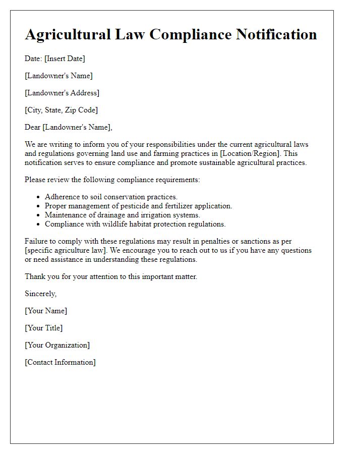 Letter template of agricultural law compliance notification for landowners