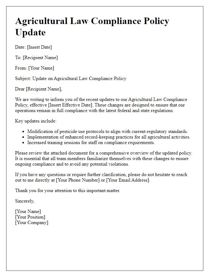 Letter template of agricultural law compliance policy update