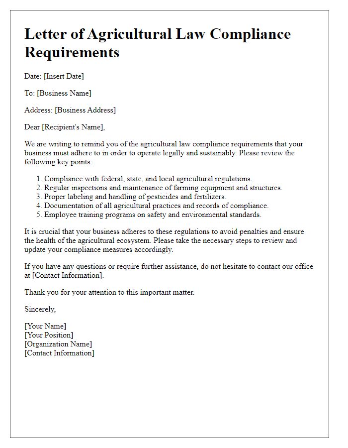 Letter template of agricultural law compliance requirements for businesses