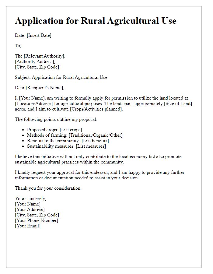 Letter template of rural agricultural use application