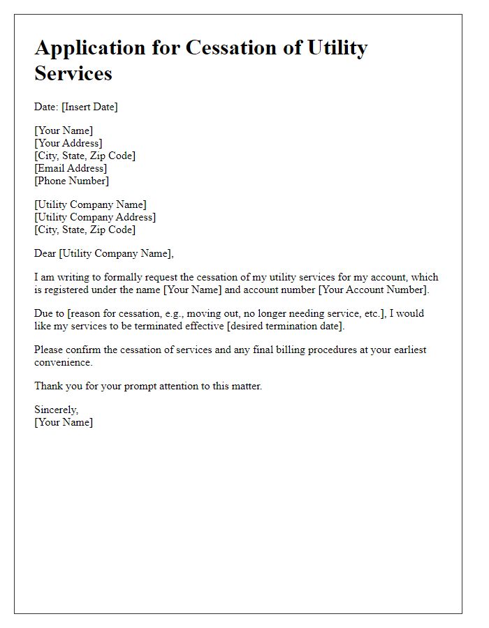 Letter template of application for utility service cessation