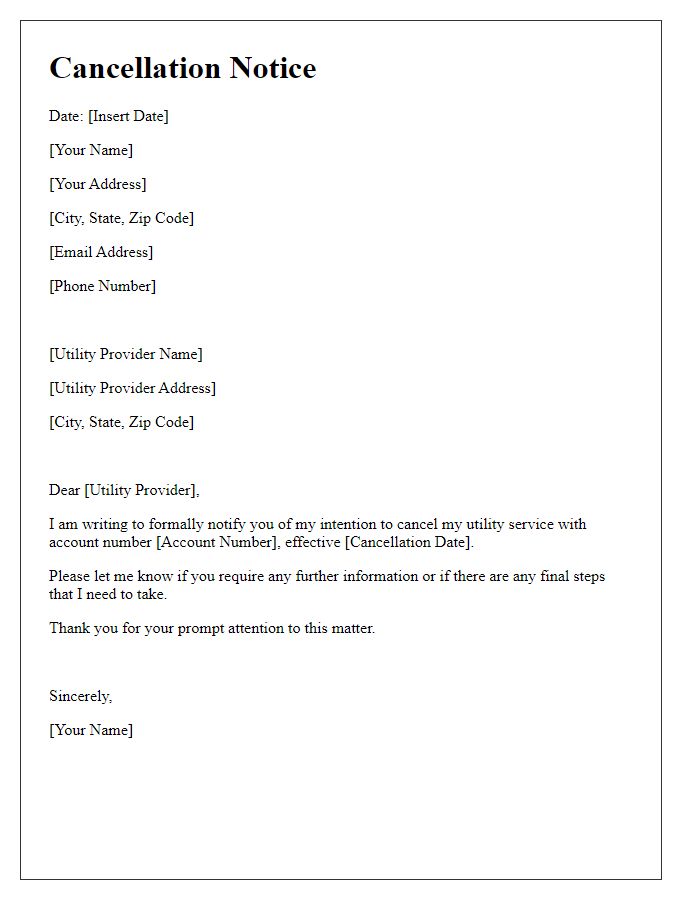 Letter template of cancellation notice for utility provider