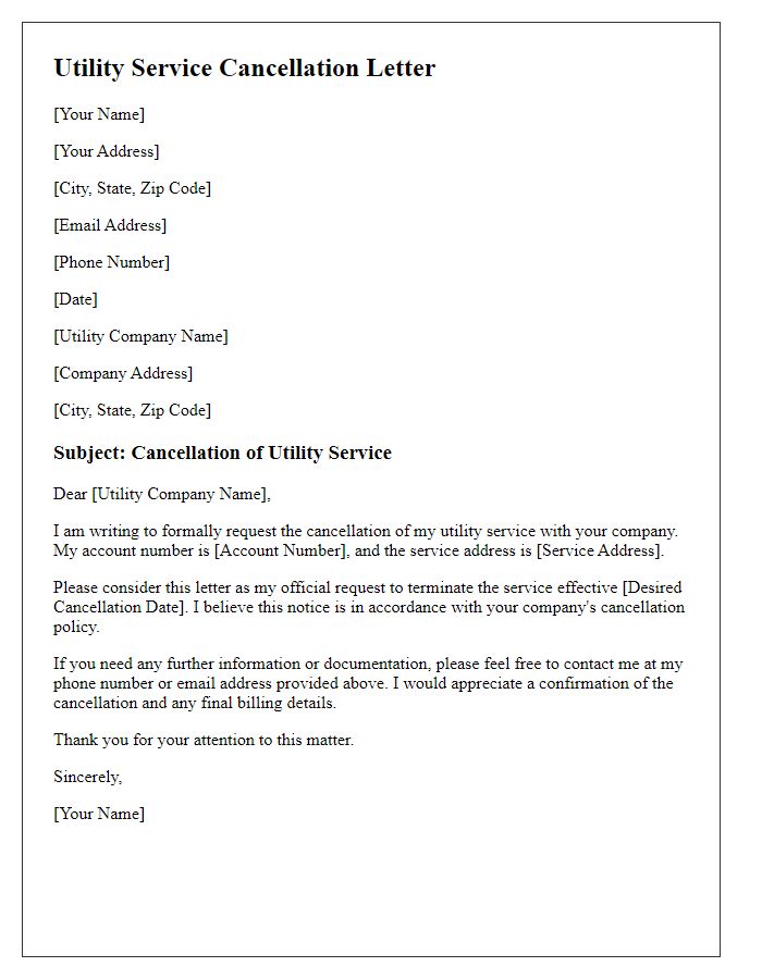 Letter template of formal utility service cancellation