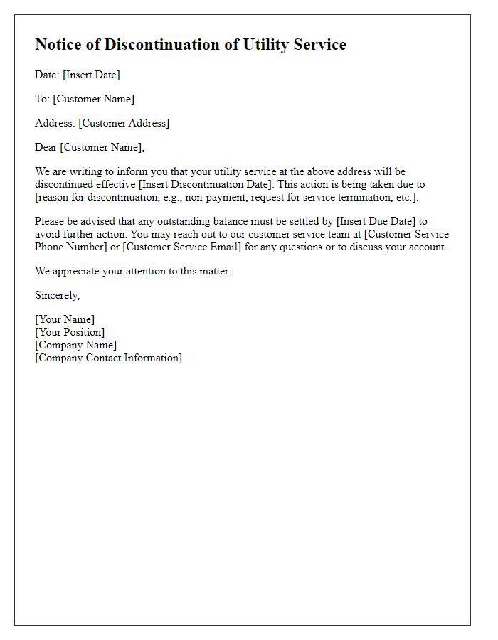 Letter template of notice for discontinuation of utility service