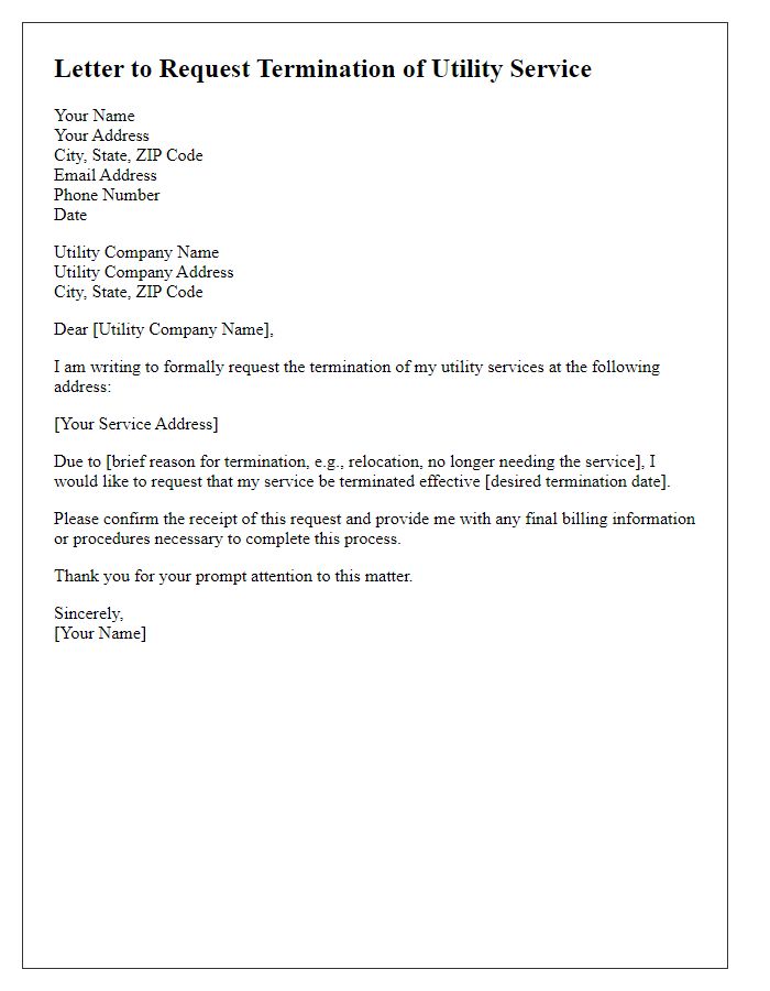 Letter template of request to end utility service