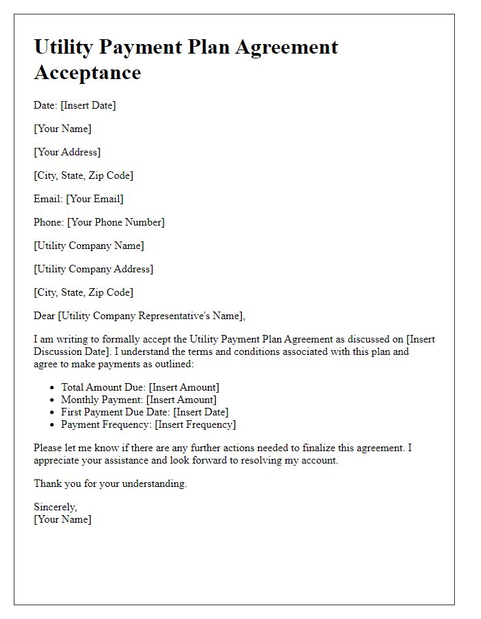 Letter template of Utility Payment Plan Agreement Acceptance