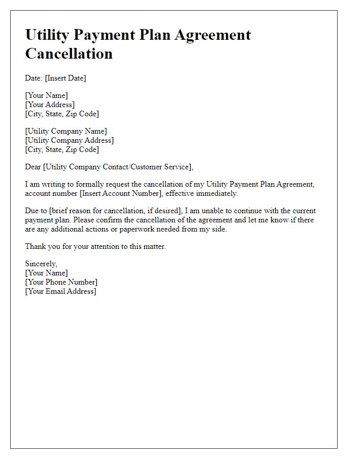 Letter template of Utility Payment Plan Agreement Cancellation