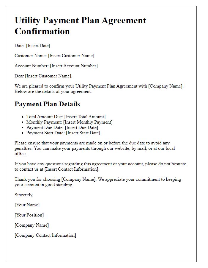 Letter template of Utility Payment Plan Agreement Confirmation