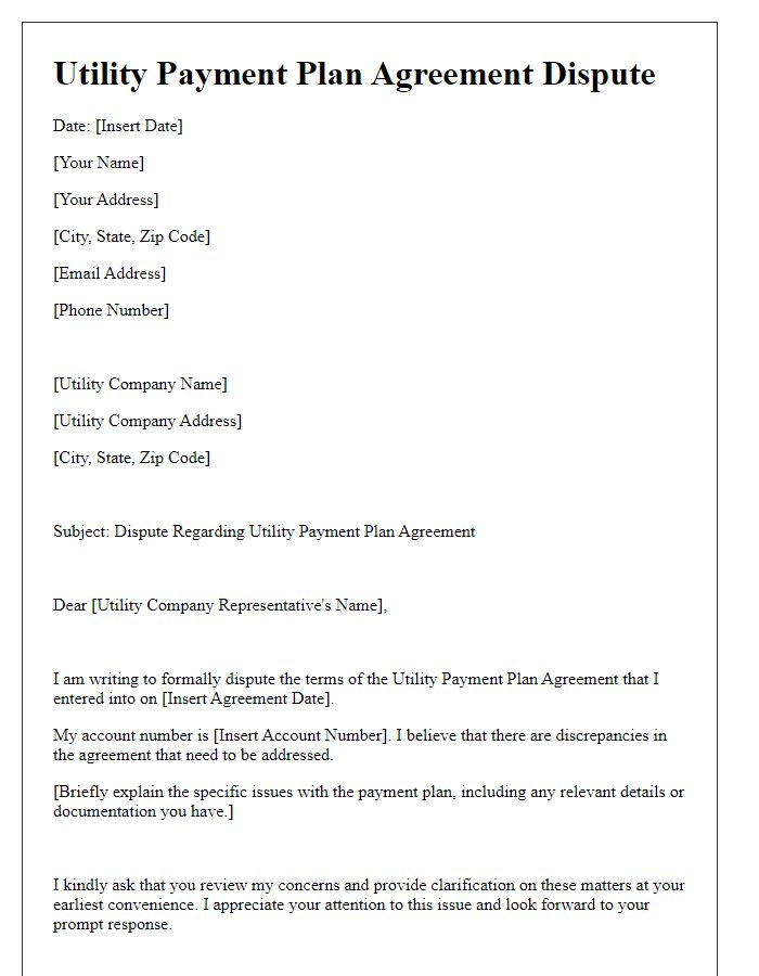 Letter template of Utility Payment Plan Agreement Dispute