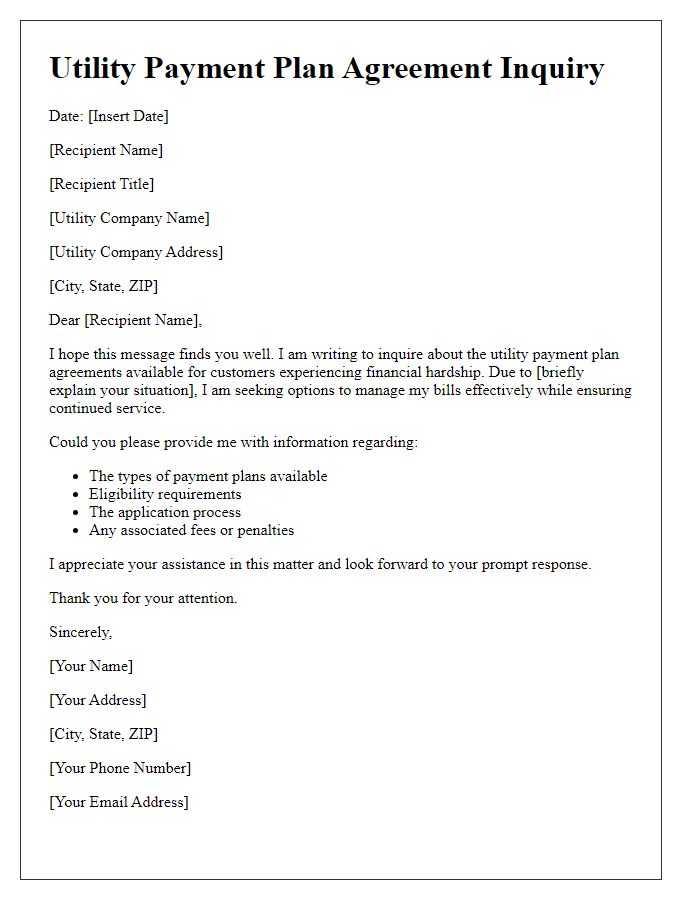 Letter template of Utility Payment Plan Agreement Inquiry