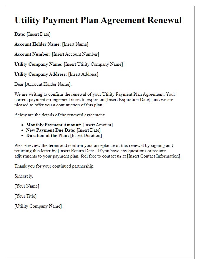 Letter template of Utility Payment Plan Agreement Renewal