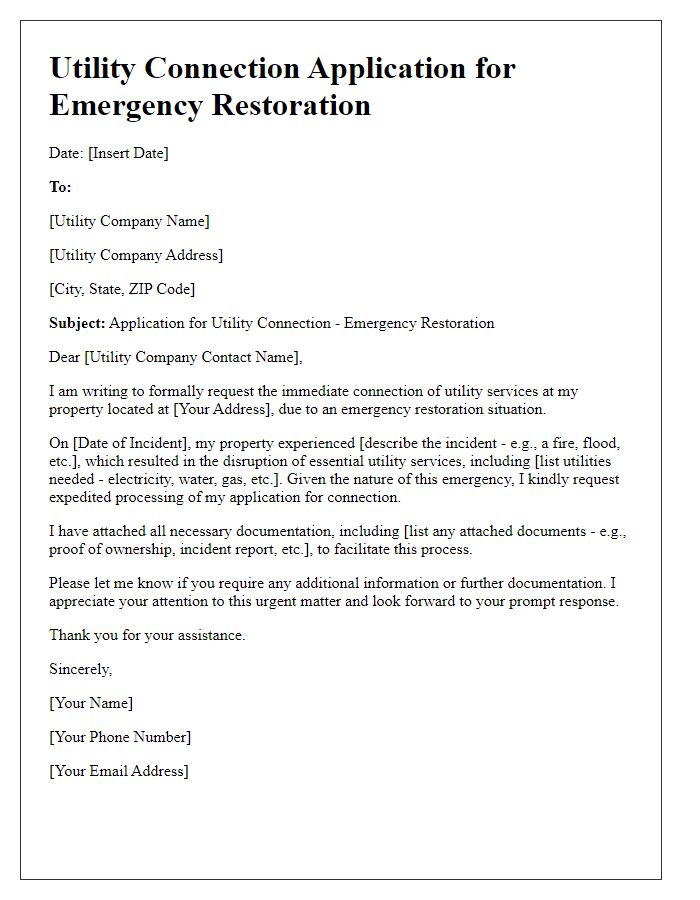 Letter template of utility connection application for emergency restoration.