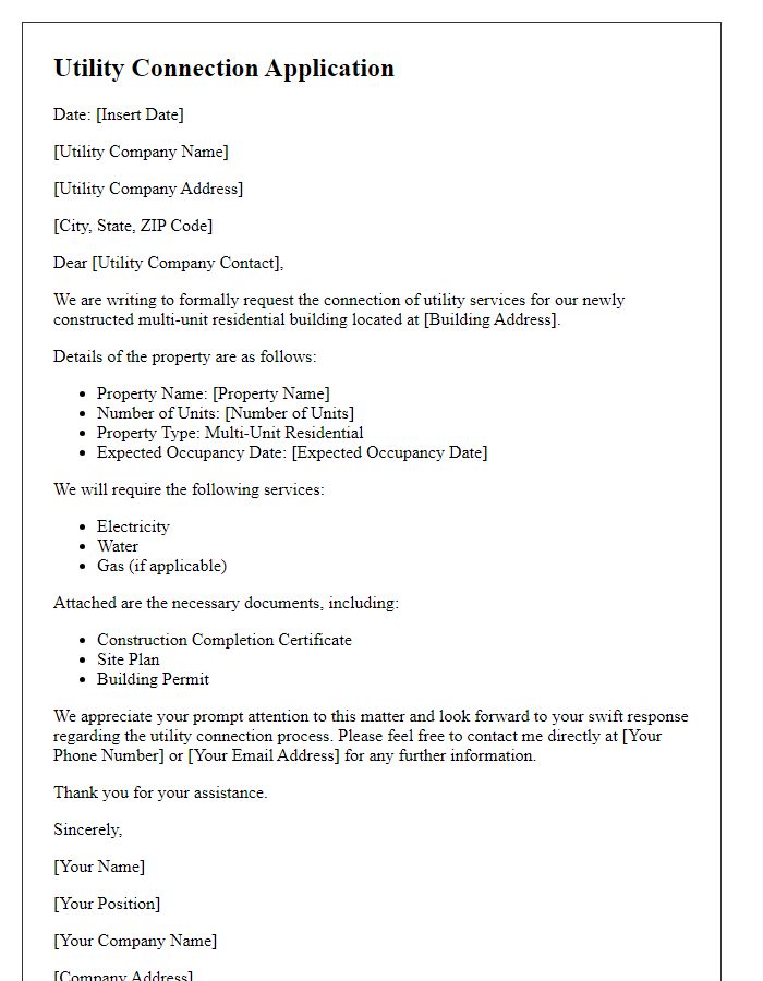 Letter template of utility connection application for multi-unit residential buildings.