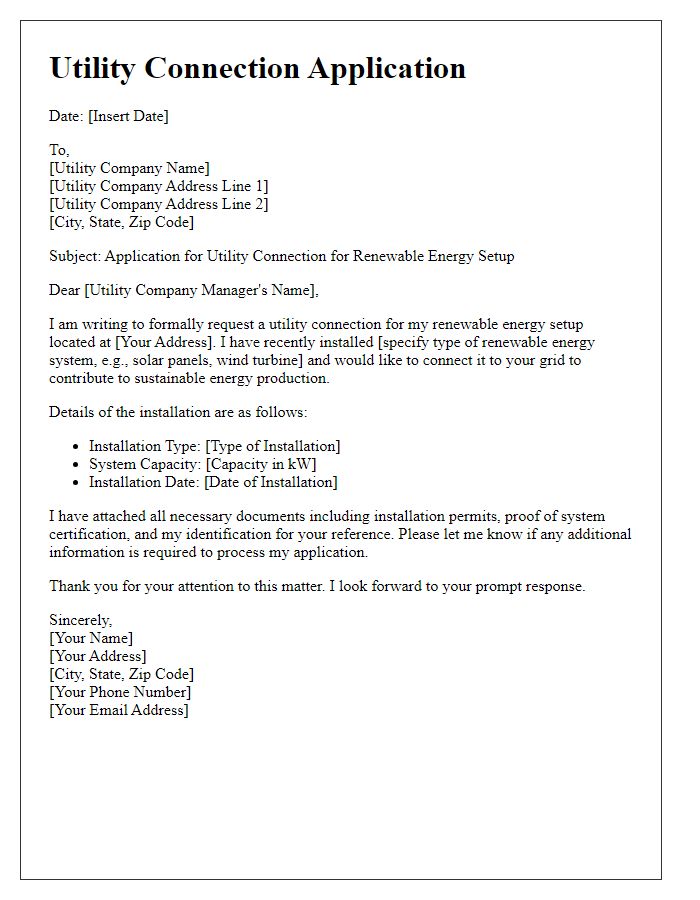 Letter template of utility connection application for renewable energy setup.