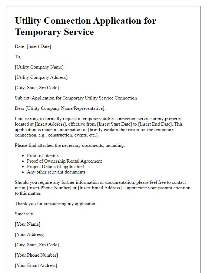 Letter template of utility connection application for temporary service.