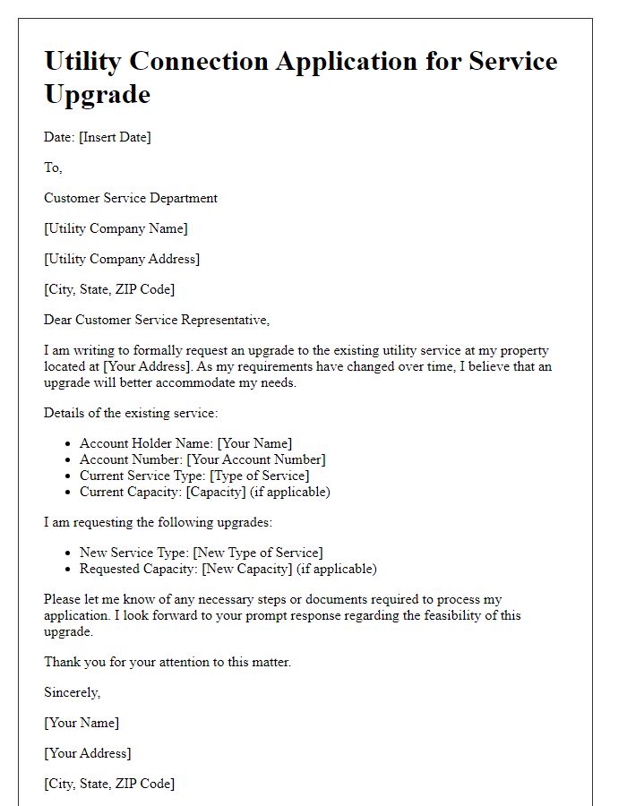 Letter template of utility connection application for upgrade to existing service.