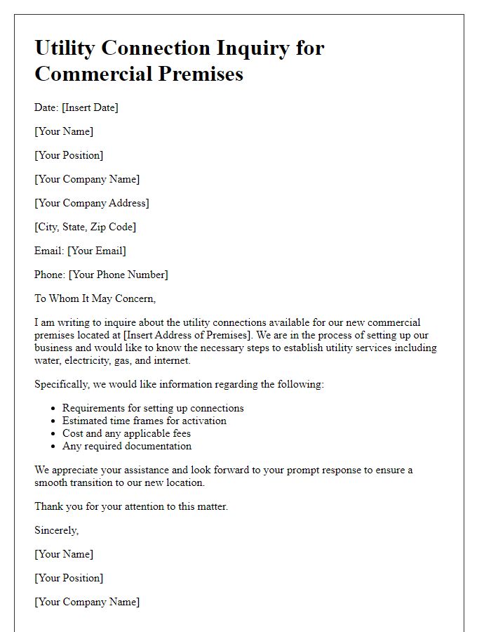 Letter template of utility connection inquiry for commercial premises.