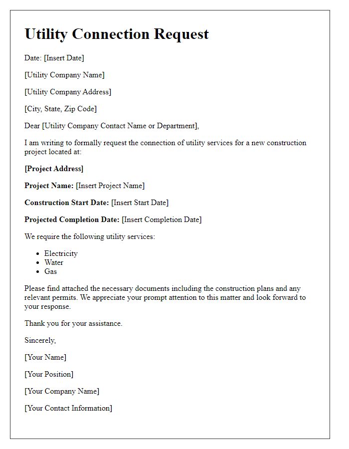 Letter template of utility connection request for new construction.