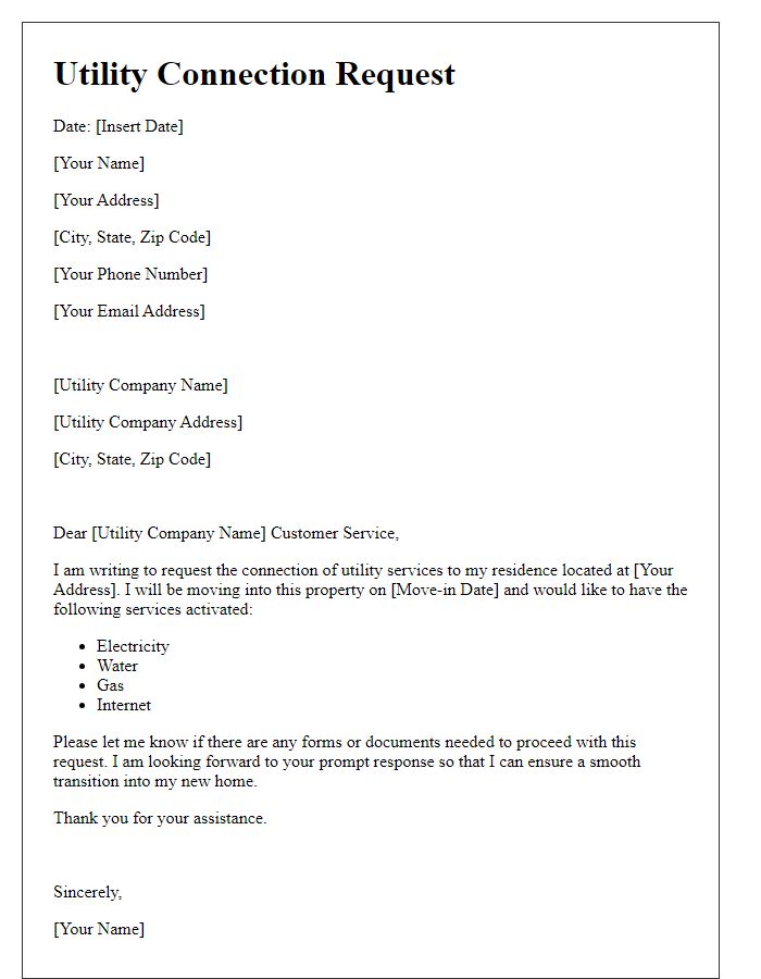 Letter template of utility connection request for residential service.