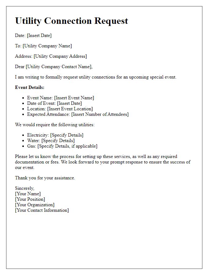 Letter template of utility connection request for special event services.