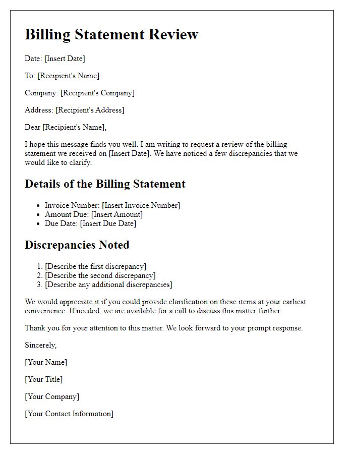 Letter template of billing statement review