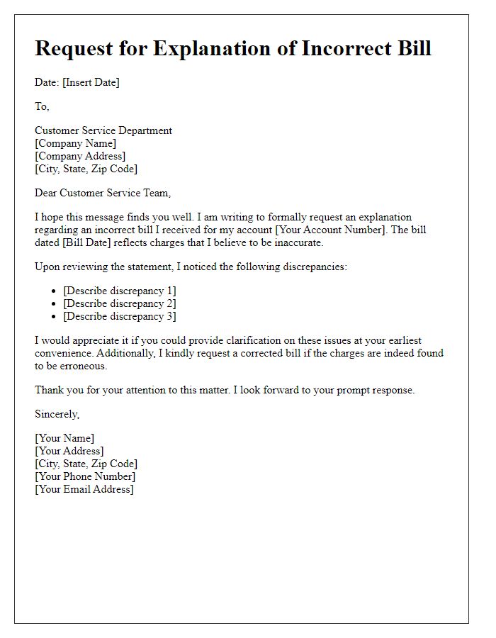 Letter template of incorrect bill explanation request