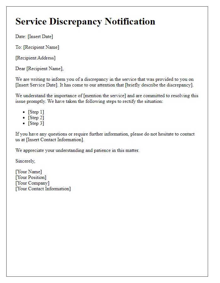 Letter template of service discrepancy notification