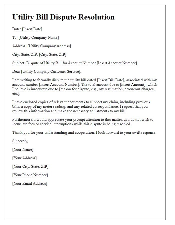 Letter template of utility bill dispute resolution