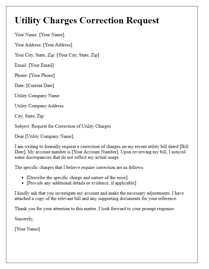 Letter template of utility charges correction request