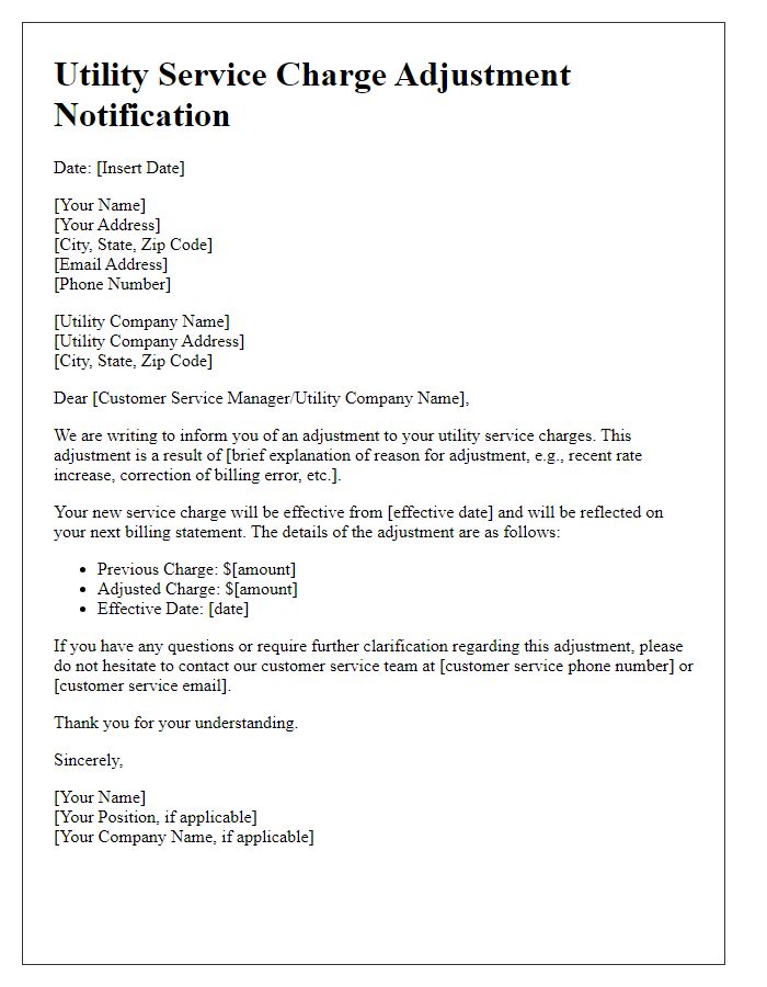 Letter template of utility service charge adjustment