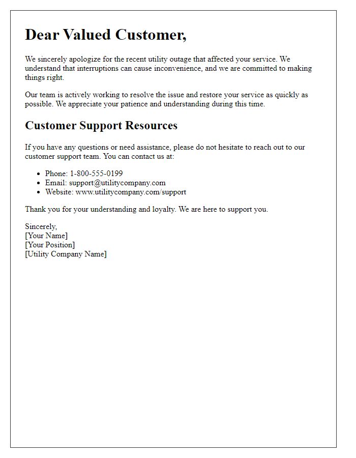 Letter template of utility outage apology emphasizing customer support resources.