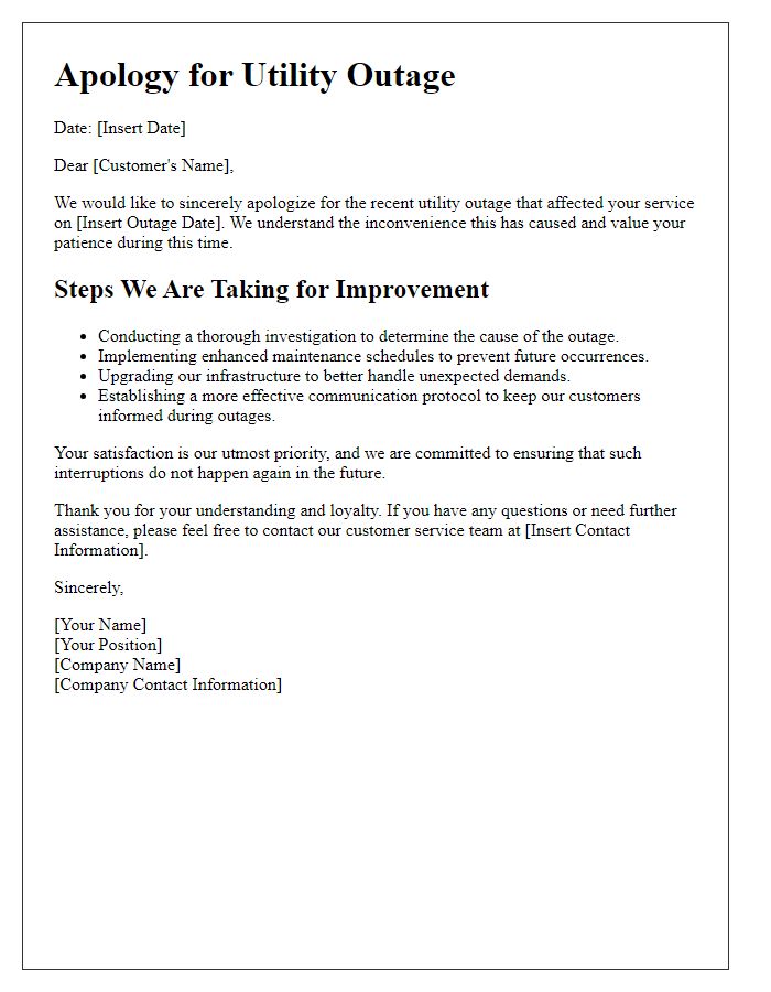 Letter template of utility outage apology highlighting steps for improvement.